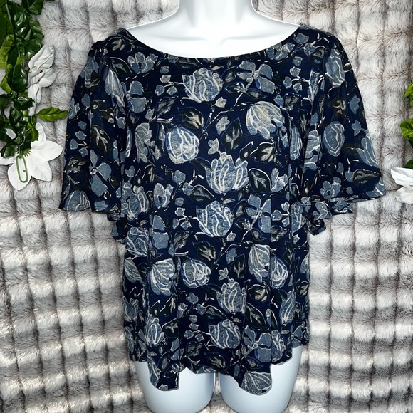 Lucky Brand Women's Floral Pattern Sheer Top Semi-Open Back Flutter Sleeve (L) - Picture 1 of 4